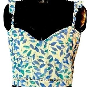 Women Indigo Tropical Leaf Ruffled Strap  Top